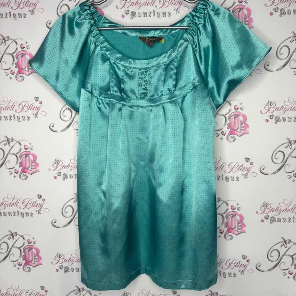 Jessica Polka dot ruffle shoulder cinch Elegant Teal Satin coquette Top buttons
